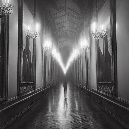 Prompt: a long hallway of mirrors. victorian interior, with many mirrors, spiders and spiderwebs everywhere, elegant design, haunting atmosphere, dark lighting, gothic, horror style, scary, swirling fog, volumetric lighting, by greg rutkowski, dutch angle,