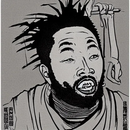 Image similar to ODB rapping, portrait, style of ancient text, hokusai