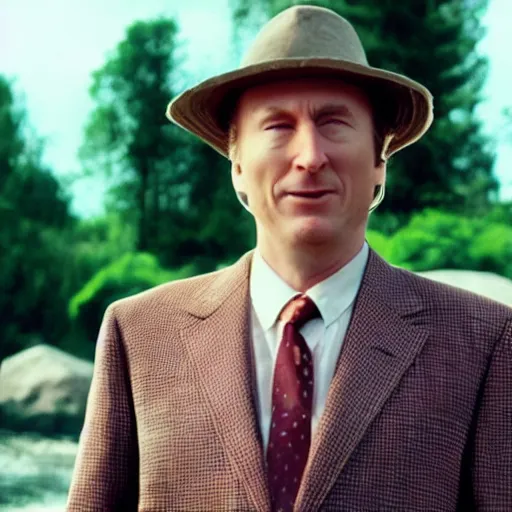 Image similar to film still of Bob Odenkirk as Stan S Stanman wearing a straw hat and checkerboard suit in the Monkey Island movie