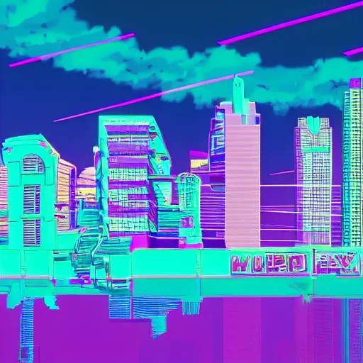 Image similar to city drawn in vaporwave art style