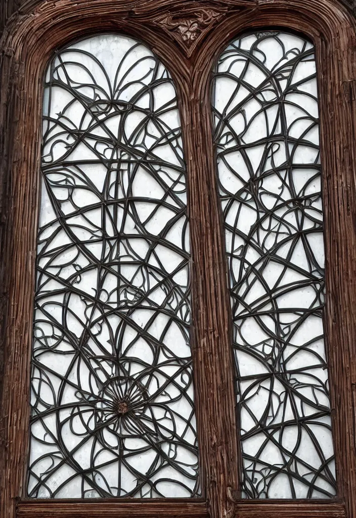 Image similar to photo of a beautiful window, symmetrical, symmetry, art nouveau, iron frame, skyrim