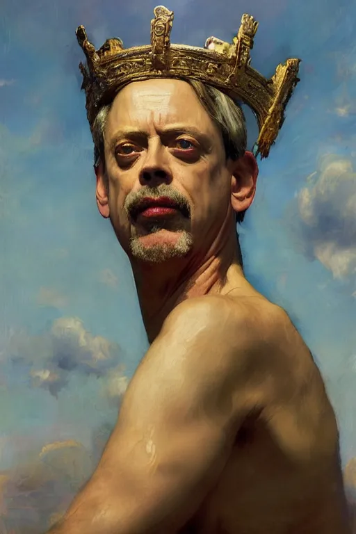 Image similar to beautiful impressionistic oil painting portrait of ancient roman god emperor steve buscemi ascending wearing the civic crown levitating in religious pose, art by anders zorn, wonderful masterpiece by greg rutkowski, expressive brush strokes, beautiful cinematic light, american romanticism by greg manchess, jessica rossier