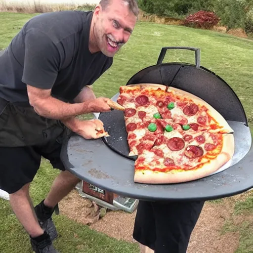 Prompt: shocked man opens pizza oven and discovers a pizza