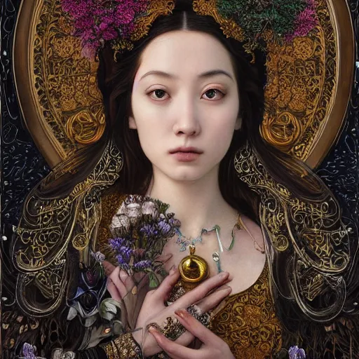 Image similar to An extremely beautiful pre-raphaelite ornate portrait of a very beautiful asian witch, surreal, ultradetailed, intricate, elegant, digital art painting, concept art, smooth, sharp focus, magazine art cover illustration, regal, award winning picture, extremely detailed masterpiece, sense of awe, featured on Artstation, Artgerm, winning award piece, ethereal bubbles, Aetherpunk, low-key neon lightning, stormy weather, Exquisite floral details, 8K detail post-processing, matte, oil painting