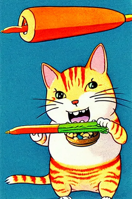 Prompt: by richard scarry. happy cat eating a carrot. a 1 9 5 0 s retro illustration. studio ghibli. muted colors, detailed