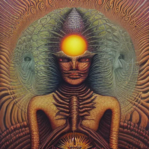 Image similar to the queen of the sun by jacek yerka, alex gray, zdzisław beksiński, dariusz zawadzki, jeffrey smith and h.r. giger, oil on canvas, 8k highly professionally detailed, trending on artstation