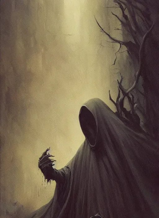 Prompt: dementor. draped in dark sheet. dark colors. menacing. haunting. frightening. extrme close up. trending on artstation. award winning. artgem. greg rutkowski. beksinski. extremely detailed. 4 k.