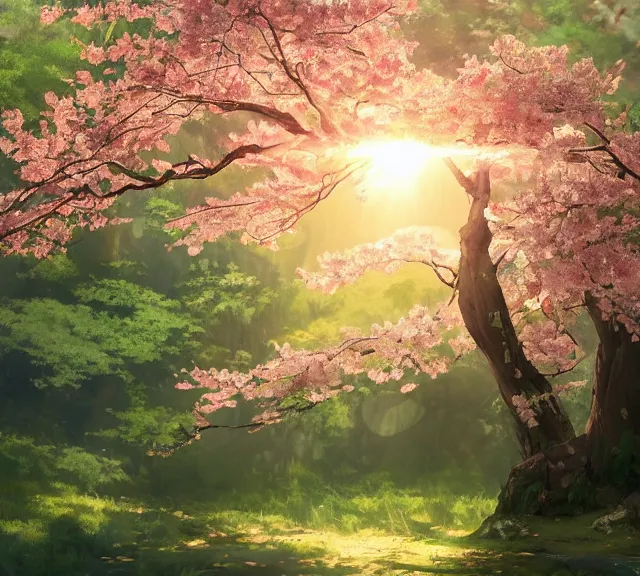 Image similar to a sakura tree in a forest, sunbeams, natural lighting. 8 k, octane render, full shot. by makoto shinkai, stanley artgerm lau, wlop, rossdraws, james jean, andrei riabovitchev, marc simonetti, krenz cushart, sakimichan, d & d trending on artstation, digital art.