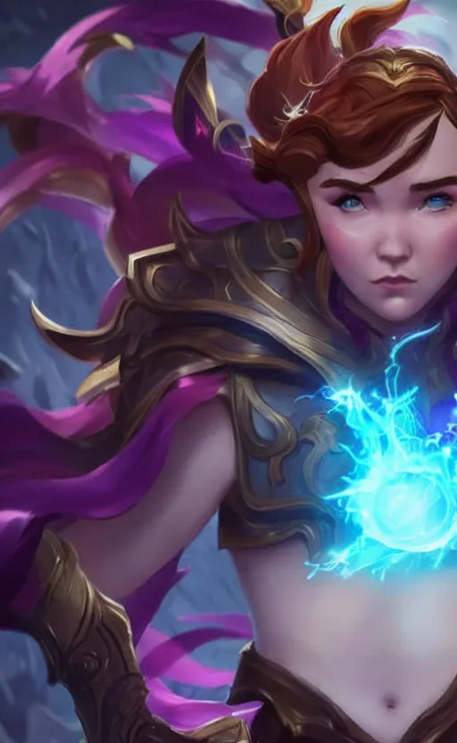 Image similar to Florence Pugh as a character in the game League of Legends, with a background based on the game League of Legends, detailed face, old 3d graphics