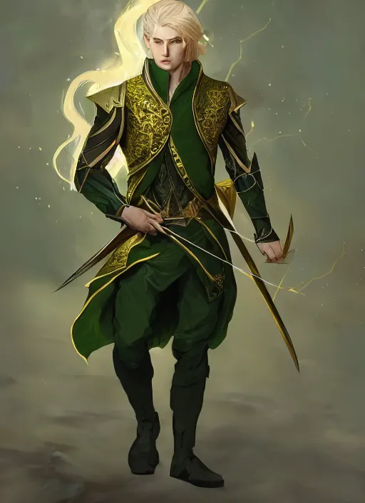 Prompt: Half-body of a handsome blonde elven ranger in green and gold jacket with a crossbow. In style of Hyung-tae Kim and Greg Rutkowski, concept art, trending on ArtStation, Korean MMORPG, over-detailed art, 4K, epic, dynamic lightning, dramatic pose.