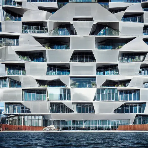 Image similar to a incredible cutting edge new building on the London waterfront designed by bjarke ingels, photo by Annie Leibovitz