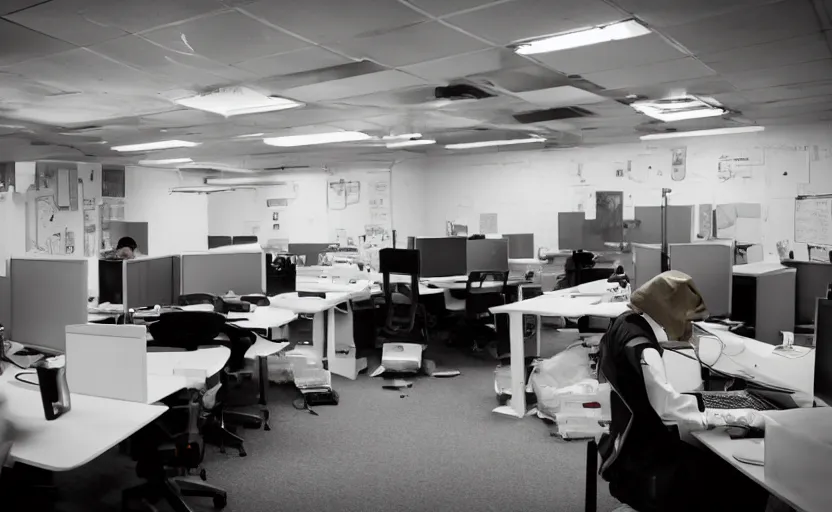 Image similar to dark control room, lonely man faces away working at desk eating old sandwich, sandwich, leaking oil, drip, sweat, tannoy, strange