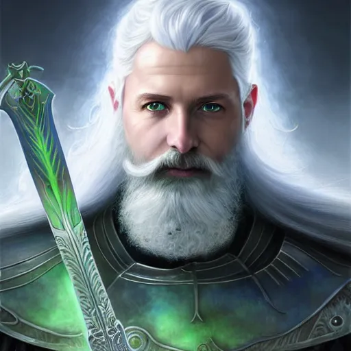 Prompt: Portrait of an Aasimar Paladin with glowing blue eyes, pale grey skin, silver full beard, and silver hair. He has a sword and wears green mossy armor. Epic fantasy art, award winning on Artstation, intricate, elegant, highly detailed, digital painting, art by artgerm and greg rutkowski and alphonse mucha.