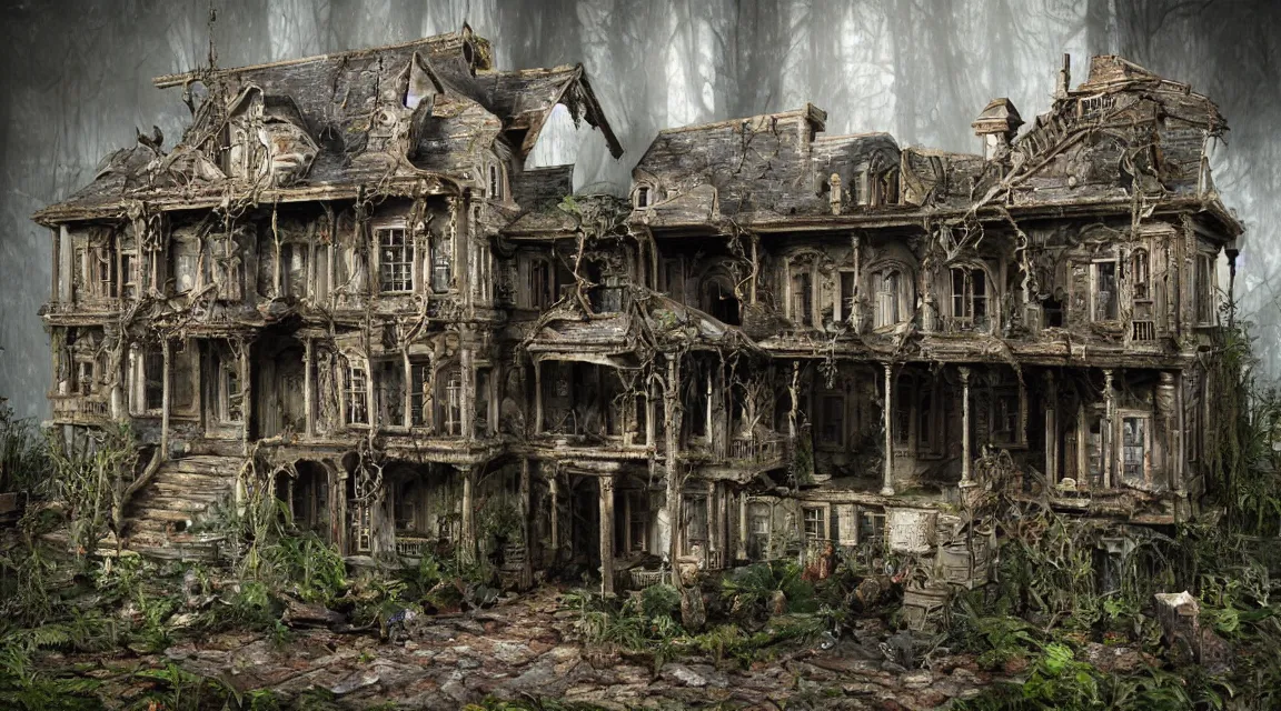 Image similar to incredible Lori nix diorama of a singular haunted house designed by hr giger, on display, spooky museum lighting, 3d high poly render with octane an cryengine, 8k post-processed Fuji film LUT