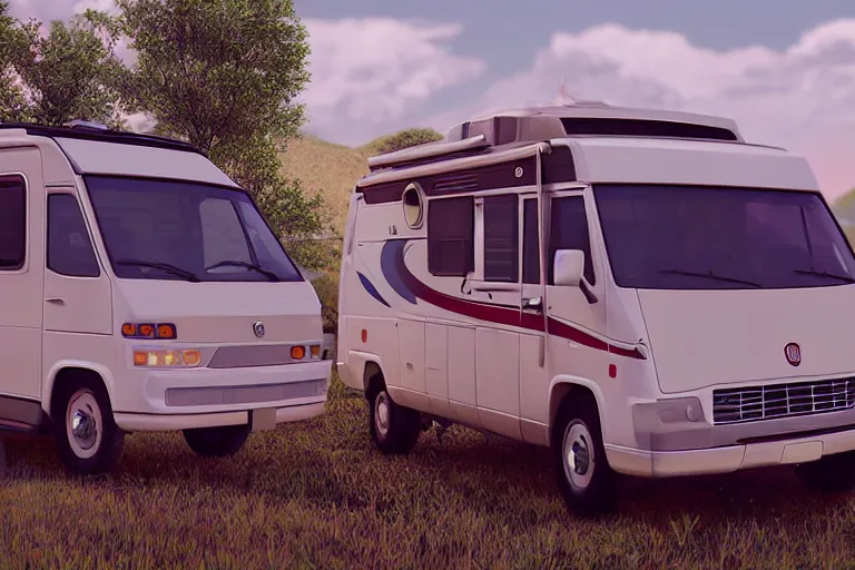 Image similar to a wholesome animation key shot of!! one!! focused! 1 9 9 4 fiat hymer motorhome! in the romanian countryside, medium shot, studio ghibli, ( ( pixar ) ) and disney animation, sharp, very detailed, high resolution, rendered in unreal engine 5, anime key art by greg rutkowski, bloom, dramatic lighting