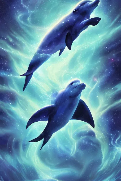 Image similar to Ethereal blue fire dolphin dolphin flying through a nebula, Sirius star system, star dust, cosmic, magical, shiny, glow,cosmos, galaxies, stars, outer space, stunning, by andreas rocha and john howe, and Martin Johnson Heade, featured on artstation, featured on behance, golden ratio, ultrawide angle, hyper detailed, photorealistic, epic composition, wide angle, f32, well composed, UE5, 8k