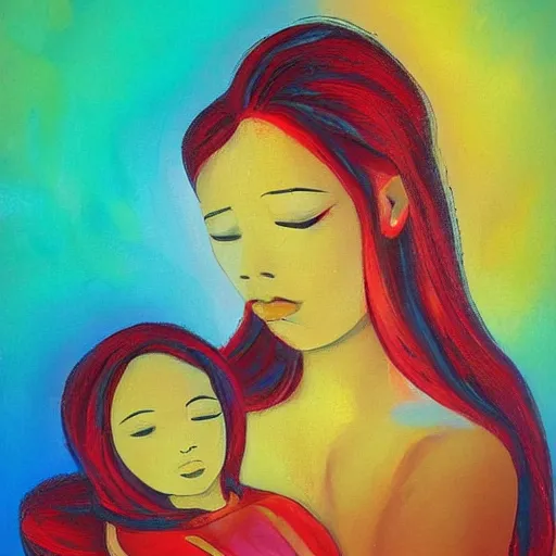 Prompt: beautiful woman cradling her child made of colorful fire by stanley lau, elegant, colorful, loving