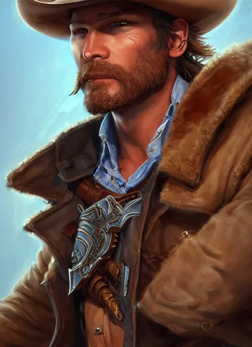 Prompt: a highly detailed illustration of rugged cowboy gunslinger christian knight, art by artgerm and greg rutowski, intricate, elegant, highly detailed, centered, digital painting, artstation, concept art, smooth, sharp focus, league of legends concept art, wlop.