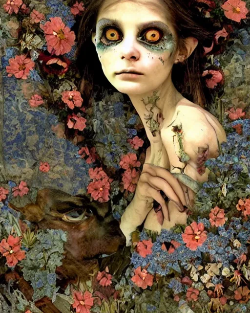 Prompt: a pretty but sinister and creepy goblin in layers of fear decoupage, with haunted eyes, violence in her eyes, 1 9 7 0 s, seventies, delicate embellishments, a little blood, woodland, blue dawn light shining on wildflowers and injuries, painterly, offset printing technique, by walter popp, alexandre cabanel