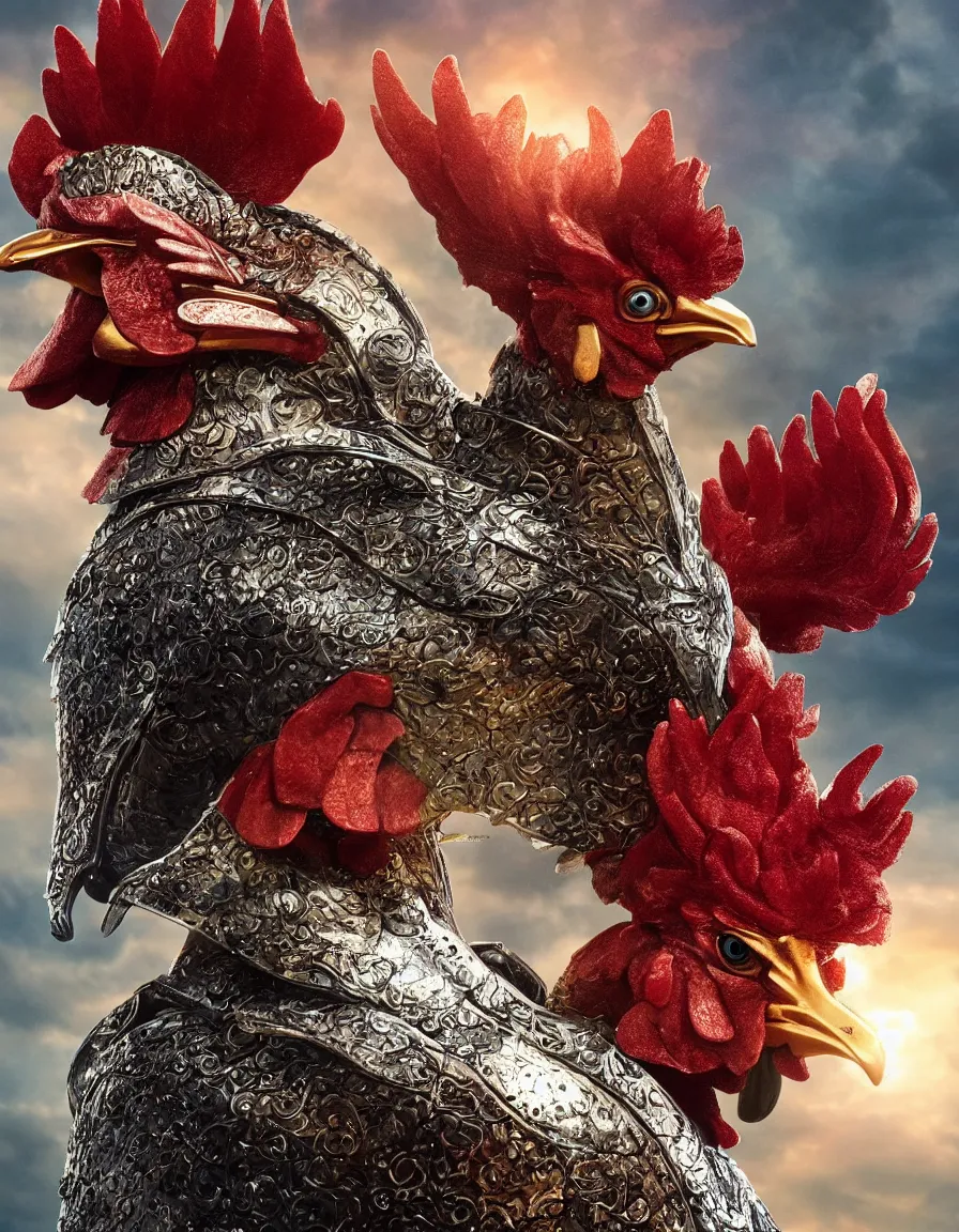 Prompt: rooster with shiny armor, hyper-realistic, 4k, movie poster, fantasy