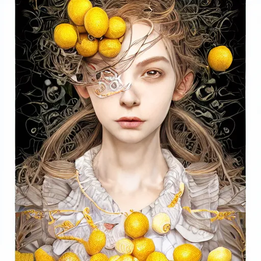 Image similar to the portrait of an absurdly beautiful, graceful, elegant, sophisticated, young teen girl made up of lemons looking up, an ultrafine hyperdetailed illustration by kim jung gi, irakli nadar, intricate linework, bright colors, octopath traveler, final fantasy, unreal engine 5 highly rendered, global illumination, radiant light, detailed and intricate environment