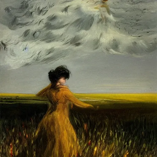 Image similar to the painting depicts a woman standing in a field of ashes, her dress billowing in the wind. her hair is wild and her eyes are closed, and she seems to be in a trance - like state. the painting is dark and atmospheric, and the ashes in the field seem to be almost alive, swirling around. by harriet backer, by nicolas de stael atmospheric