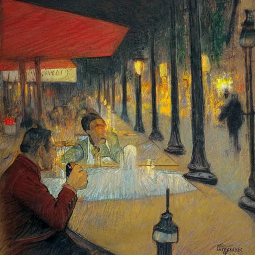 Prompt: klingon sitting at outdoor table at vintage paris cafe, digital painting, soft focus, greg rutkowski, toulouse - lautrec, john howe.