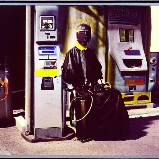 Image similar to a mongolian cyborg at a gas station, 9 0 s polaroid, by jamel shabbaz, robert mapplethorpe, davide sorrenti