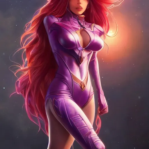 Image similar to ultra realistic illustration, bella thorne as starfire anime, intricate, elegant, highly detailed, digital painting, artstation, concept art, smooth, sharp focus, illustration, art by artgerm and greg rutkowski and alphonse mucha and wlop