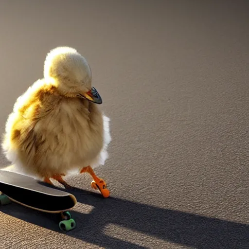 Prompt: fluffy chick riding skateboard, photorealistic