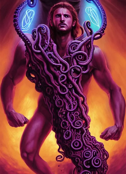 Prompt: movie poster with a young strong ancient greek man with lovecraftian tentacles made of purple glowing energy in the background, dungeons and dragons artwork, award winning art, cinematic light, dynamic composition, highly detailed, dramatic lighting, digital painting, masterpiece, realistic anatomy, by leonardo da vinci, raphael, artgerm, greg rutkowski, vibrant colors