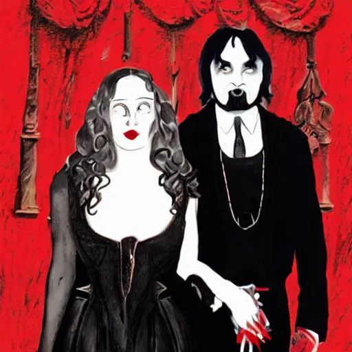 Image similar to a man standing next to a woman on a red carpet, a picture by george manson, tumblr, international gothic, freakshow, hellish background, gothic