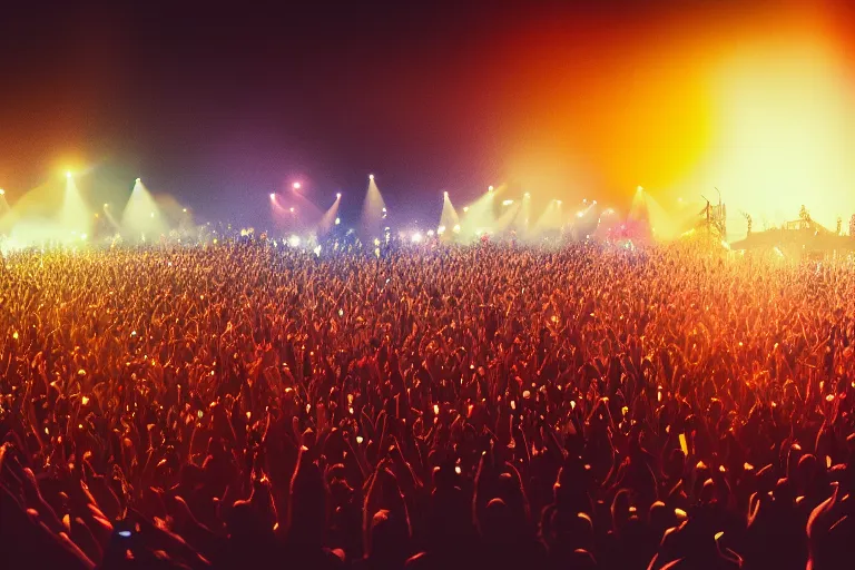 Image similar to crowd partying with their hands up and lighters in the air at a festival, silhouette, digital art, trending on artstation, 4k, unreal engine, intricate, ornate