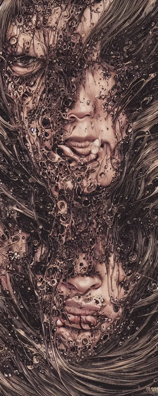 Image similar to closeup of face melting in agony, inside dark oil, frontal picture, by yoichi hatakenaka, masamune shirow, josan gonzales and dan mumford, ayami kojima, takato yamamoto, karol bak