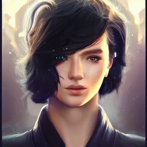 Prompt: portrait of a beautiful dark - haired androgynous space ranger, soft lightning, high detailed, intricate, elegant, smooth, sharp focus, cyberpunk, high contrast, artstation, art by valentina remenar and sora kim,