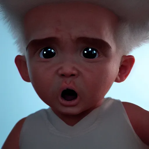 Image similar to cute angry baby, hyperrealism, hyperrealistic, cinematic masterpiece, fantasy style 8 k octane render