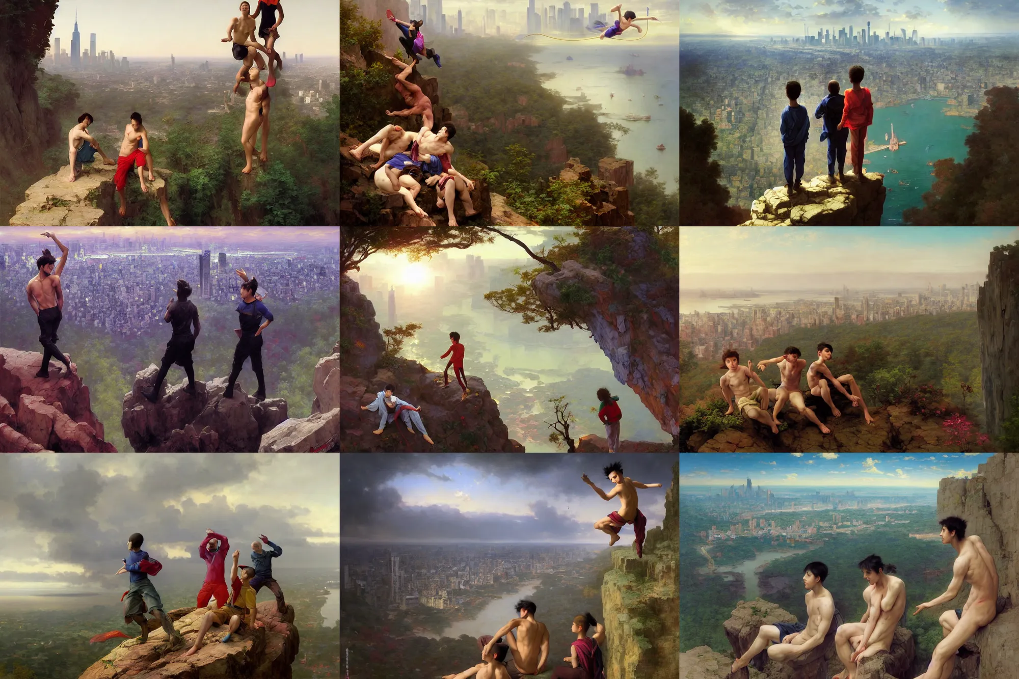 Prompt: Vibrant depiction Three inner city boys on the precipice Of a cliff overlooking Vibrant New York City in the middle of a vast Forest with New York City on the horizon illustration by Ruan Jia and Mandy Jurgens and William-Adolphe Bouguereau, Artgerm, 4k, digital art, surreal, space dandy style, highly detailed, godsend, artstation, digital painting, concept art, smooth, sharp focus, illustration by Ruan Jia and Mandy Jurgens and William-Adolphe Bouguereau