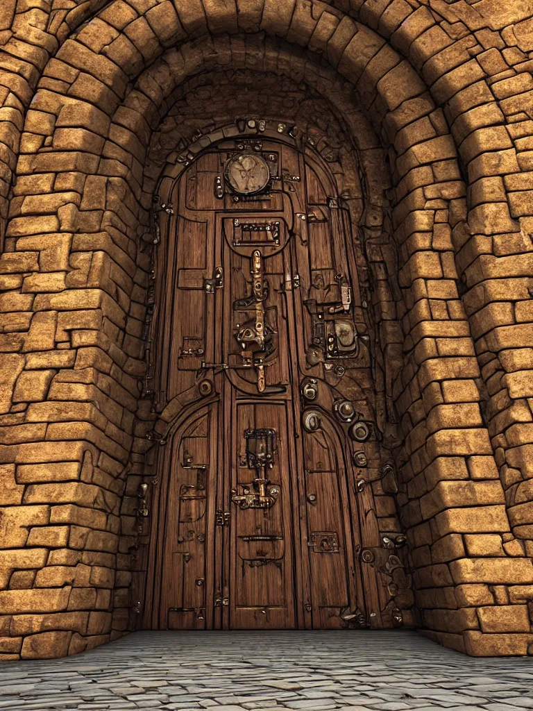 Prompt: HD digital art detailed steampunk castle door with brick pathway by James Gurney, cgsociety, artstation