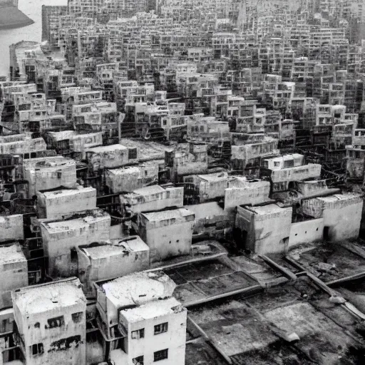 Prompt: brutalist city, prison city, totalitarian prison island, hashima island, rundown buildings, military buildings, prison complex, 3 5 mm photo