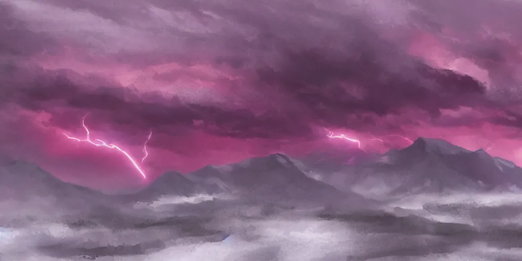 Image similar to distant ruby lightning stormclouds far beyond a snowy mountain range, concept art