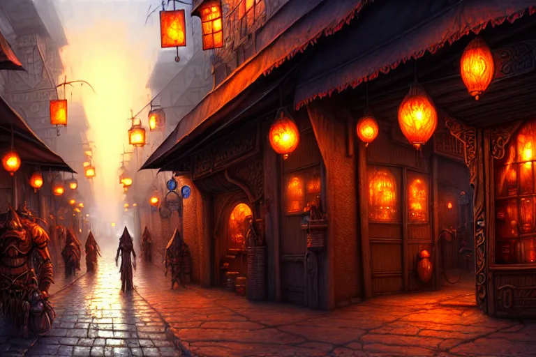 Prompt: a highly detailed bazaar street in the planescape city of sigil, amazing planescape digital painting, by gerald brom, brom digital art, intricate details, ultra realistic, beautiful art, volumetric lighting, warm colors advance cool colors recede, by brom, trending cgsociety, artstation, rim lighting, 8 k