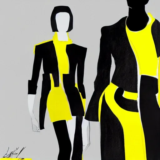 Image similar to brutalist fashion incorporating black and yellow, fashion show, studio lighting, concept art