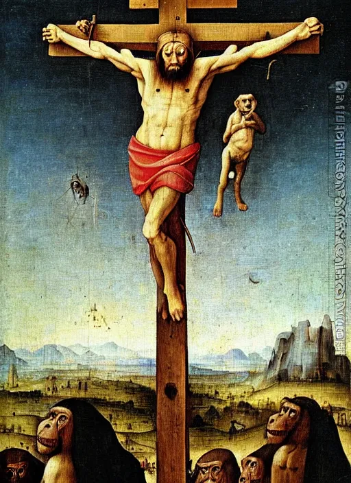 Prompt: Bored Ape on the Cross like Jesus by Hieronymus Bosch, day time sky, surreal oil painting, highly detailed, dream like, masterpiece