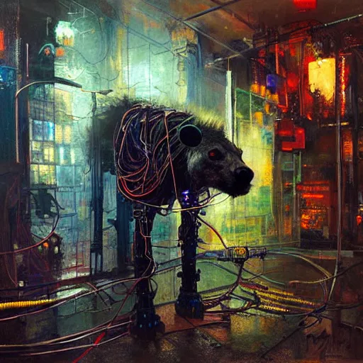 Image similar to robot cyborg hyena, many wires and neon lights exposed, metal and glowing eyes, highly detailed painting by jeremy mann