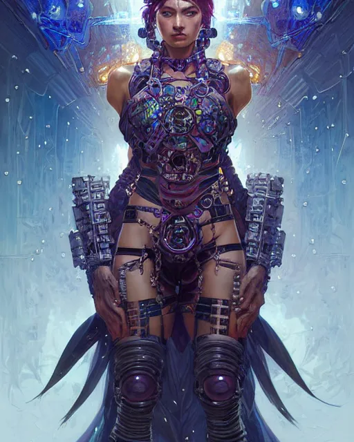 Prompt: portrait of a beautiful cyberpunk ninja woman wearing a warrior armor, beautiful symmetrical face, fantasy, regal, fractal crystal, fractal gems, by stanley artgerm lau, greg rutkowski, thomas kindkade, alphonse mucha, loish, norman rockwell.