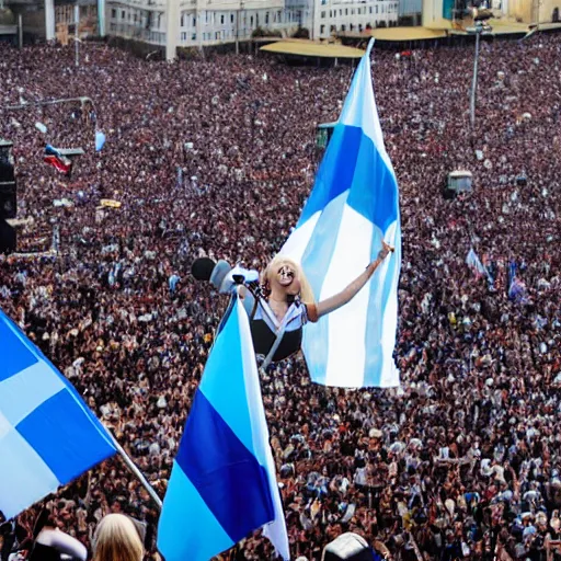 Image similar to Lady Gaga as president, Argentina presidential rally, Argentine flags behind, bokeh, giving a speech, detailed face, Argentina