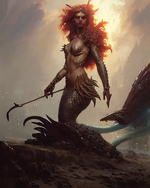 Image similar to a fierce mermaid princess in full armor, fantasy character portrait, ultra realistic, concept art, intricate details, highly detailed by greg rutkowski, gaston bussiere, craig mullins, simon bisley