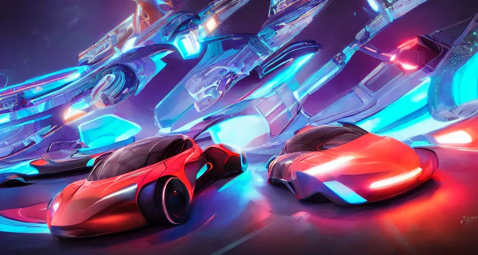 Image similar to dream tron tesla light cycle race, hot wheels, wipe out, hyper realistic, concept art, smooth, high contrast, volumetric lighting, octane, raytrace, syd mead, artgerm, jim lee,