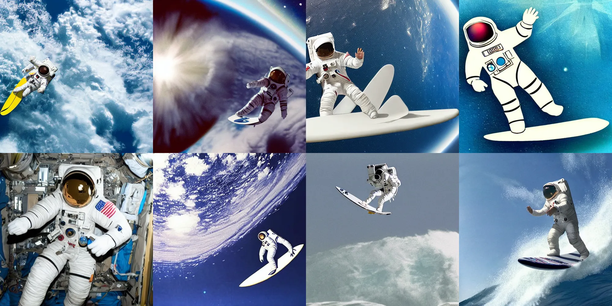 Prompt: An astronaut surfing in space