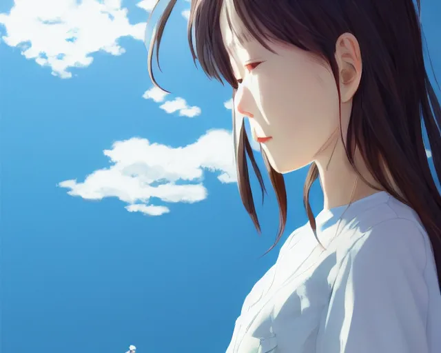 Image similar to teen looking at blue sky, wearing white shirt, back turned, looking up, illustration, by pine ( ハイネ ) and 薯 子 imoko and 香 川 悠 作 and wlop and maya takamura, highly detailed, trending artstation, pixiv, digital art